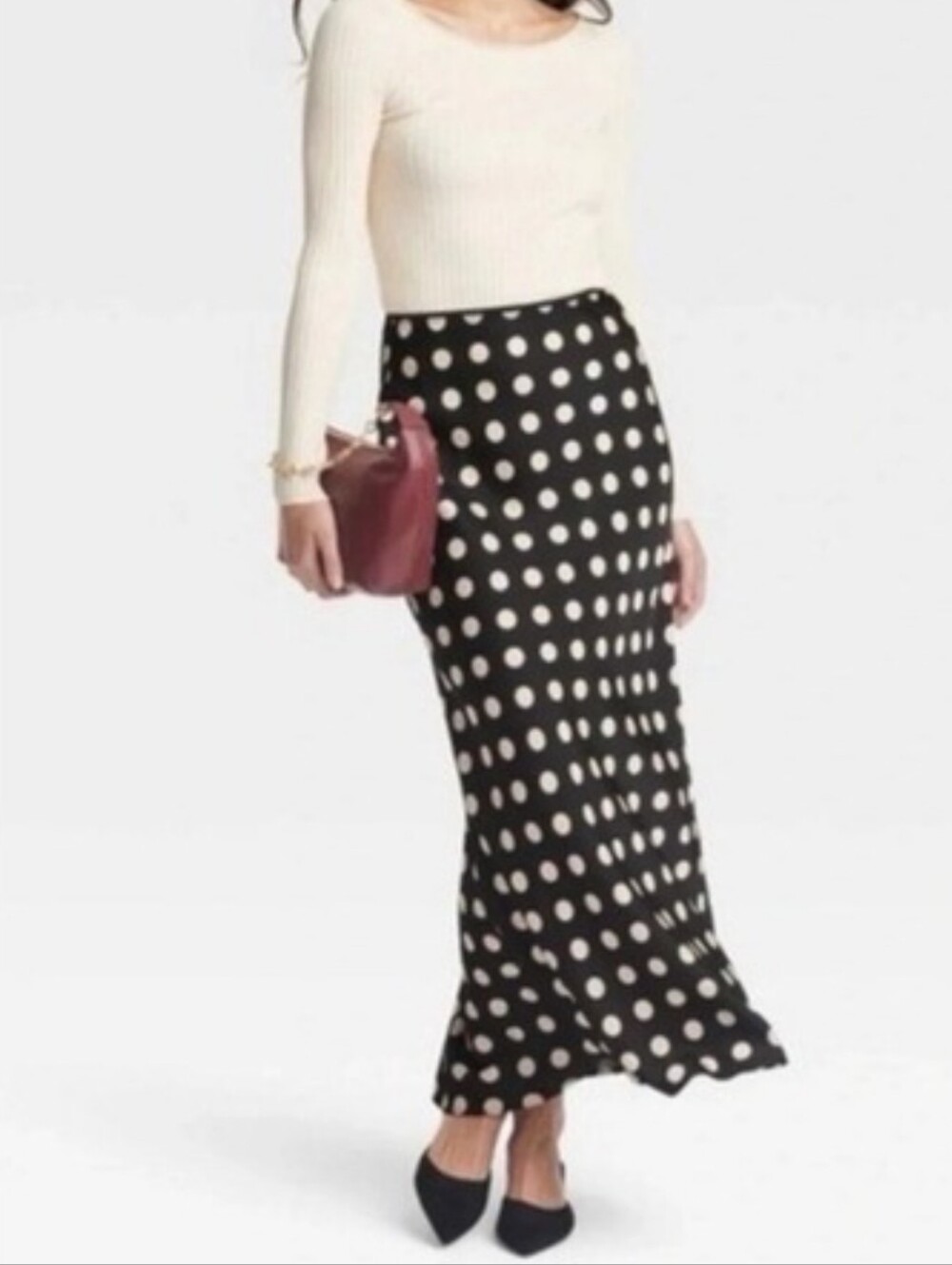 A New Day Polka Dot Maxi Satin Skirt - Black & Cream
